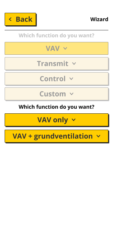 Calectro app - VAV configuration screen