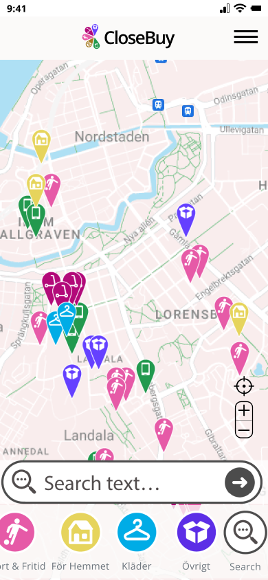 Closebuy main page showing map with icons
